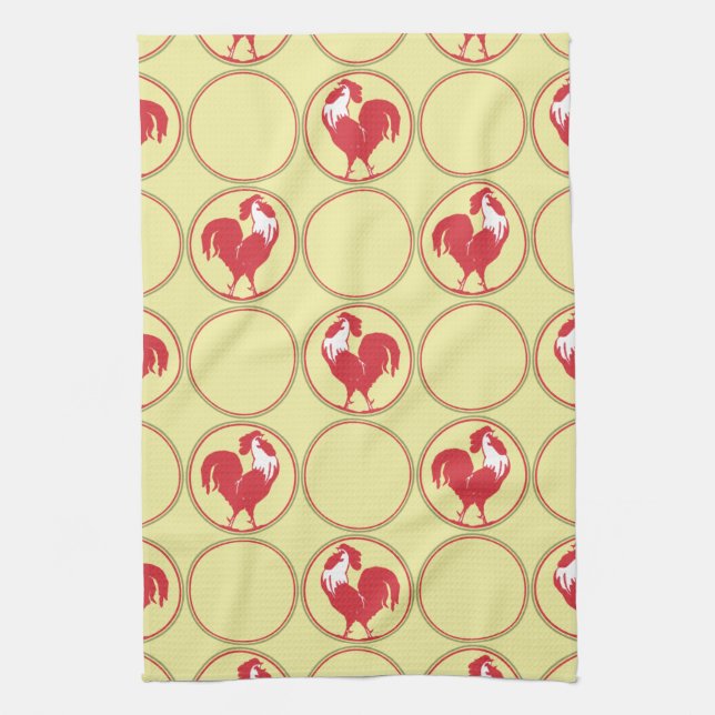 Red Rooster Medallion Pattern on Yellow Kitchen Towel (Vertical)