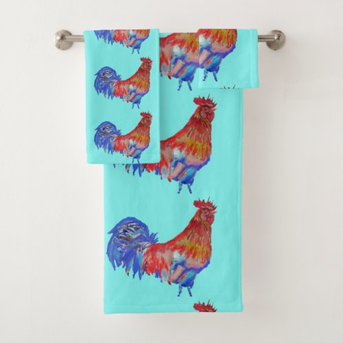 Red Rooster Roosters Chicken Blue Aqua Boys Mens  Bath Towel Set
