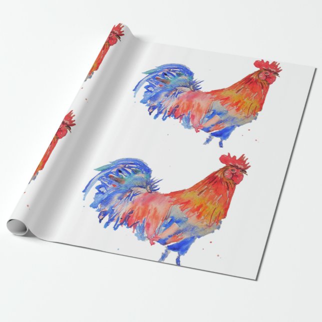 Red Rooster roosters chicken Watercolor Wrapping W Wrapping Paper (Unrolled)