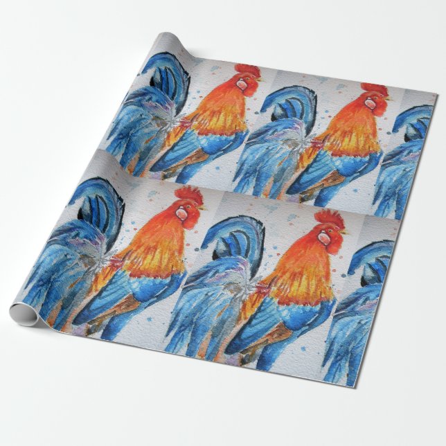 Red Rooster roosters chicken Watercolor Wrapping Wrapping Paper (Unrolled)