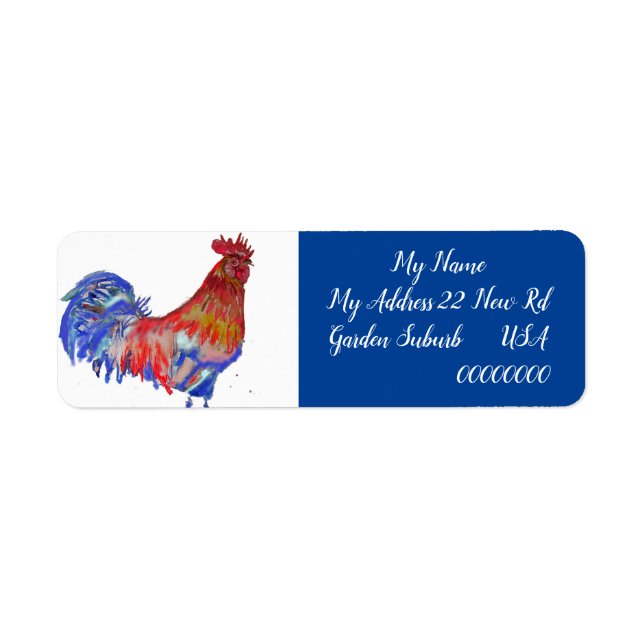 Red Rooster Watercolor Chicken Cockerel Blue Bird  Label (Front)