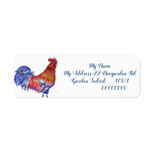 Red Rooster Watercolor Chicken Cockerel Blue Bird  Label (Front)