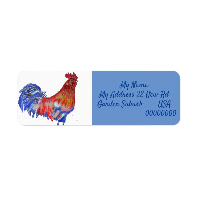Red Rooster Watercolor Chicken Cockerel Blue Bird Label (Front)
