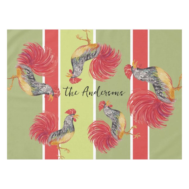 Red Rooster Watercolor Illustratin Tablecloth (Front (Horizontal))