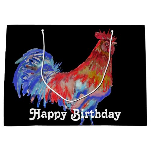Red Rooster Watercolor Mans Birthday Black Large Gift Bag