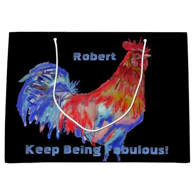 Red Rooster Watercolor Mans Name Gift Present Bag (Front)