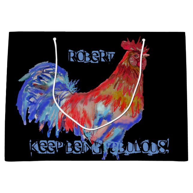 Red Rooster Watercolor Mans Name Gift Present Bag (Front)