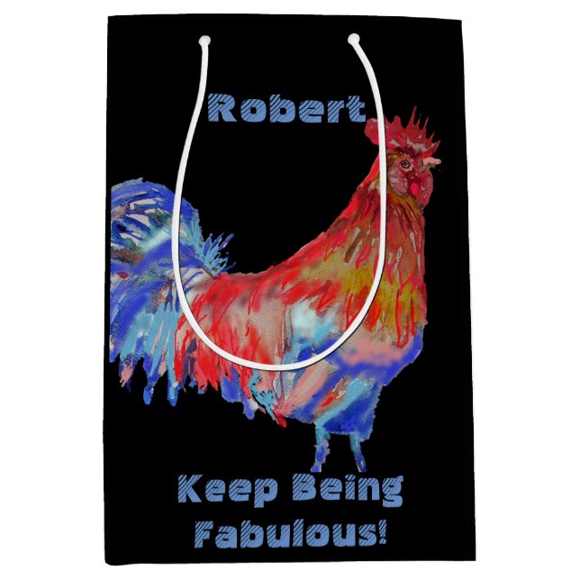 Red Rooster Watercolor Mans Name Gift Present Bag (Front)
