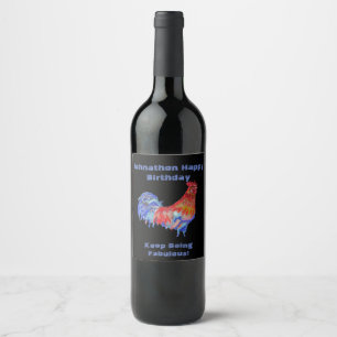 Red Rooster Watercolor Mans Name Happy Birthday Wine Label