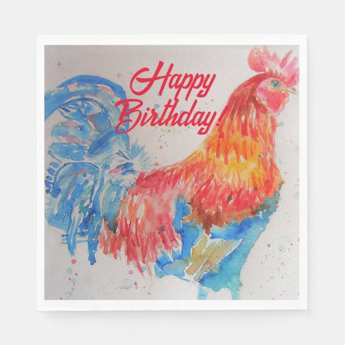 Red Rooster Watercolor Painting Art Birthday Napkins