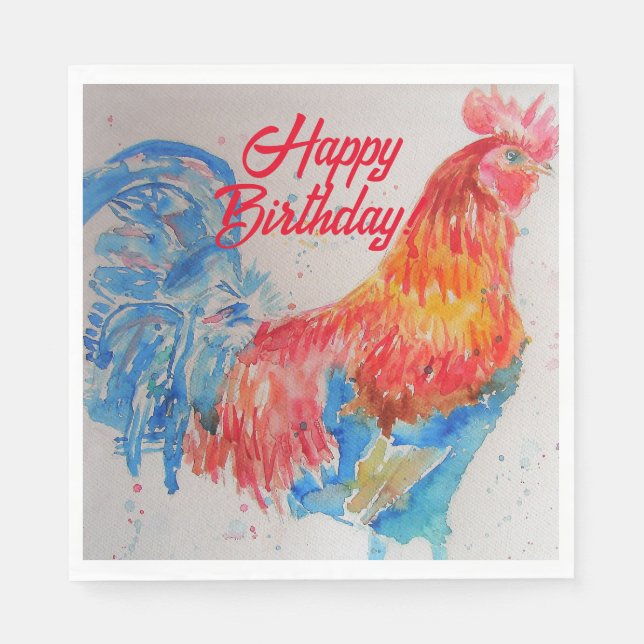 Red Rooster Watercolor Painting Art Birthday Napkins (Front)