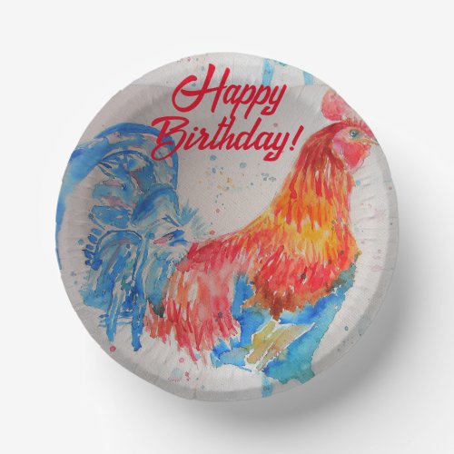 Red Rooster Watercolor Painting Art Birthday Paper Bowls