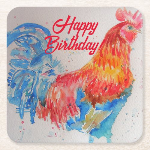 Red Rooster Watercolor Painting Art Birthday Square Paper Coaster