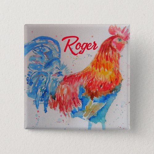 Red Rooster Watercolor Painting Art Chicken Button