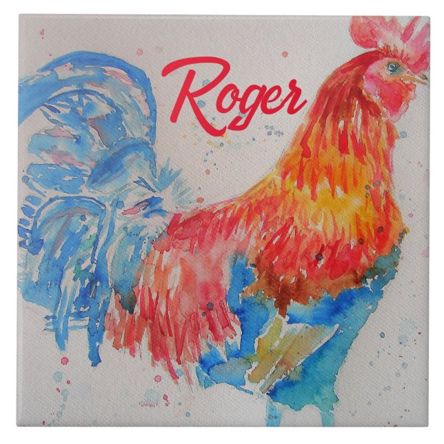 Red Rooster Watercolor Painting Art Chicken Ceramic Tile (Front)
