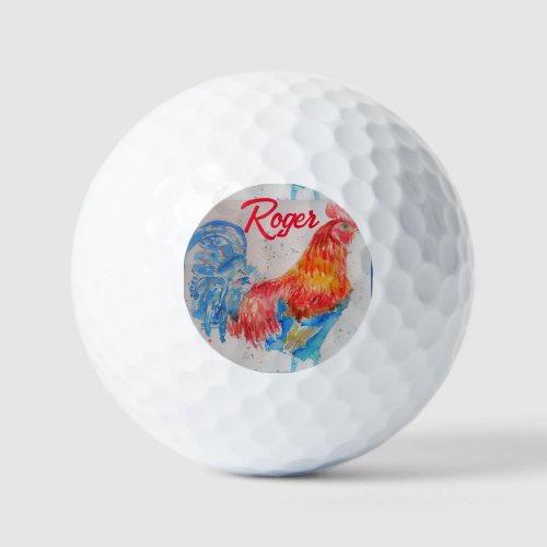 Red Rooster Watercolor Painting Art Chicken Golf Balls