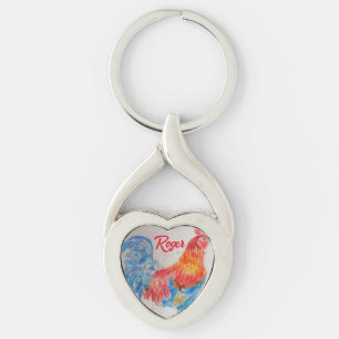 Red Rooster Watercolor Painting Art Chicken Keychain