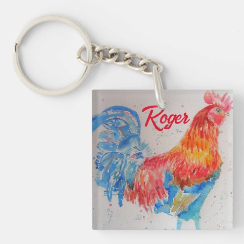 Red Rooster Watercolor Painting Art Chicken Keychain