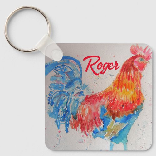 Red Rooster Watercolor Painting Art Chicken Keychain