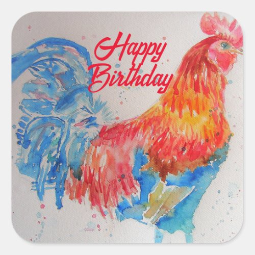 Red Rooster Watercolor Painting Birthday Day Dad Square Sticker