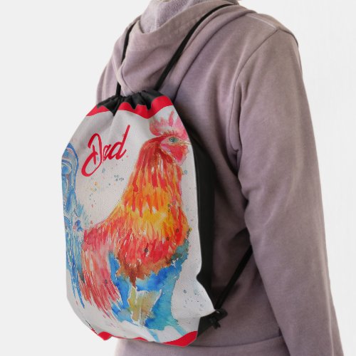 Red Rooster Watercolor Painting Fathers Day Dad Drawstring Bag