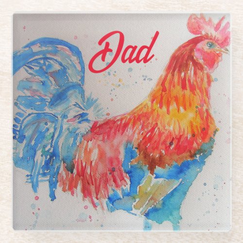 Red Rooster Watercolor Painting Fathers Day Dad Glass Coaster