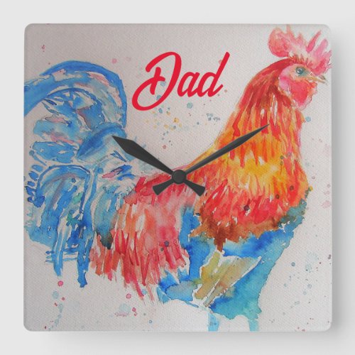 Red Rooster Watercolor Painting Fathers Day Dad Square Wall Clock