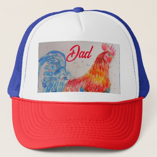 Red Rooster Watercolor Painting Fathers Day Dad Trucker Hat