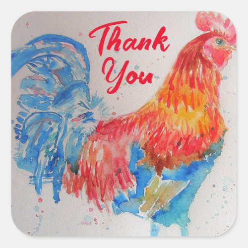 Red Rooster Watercolor Painting Thank You Square Sticker