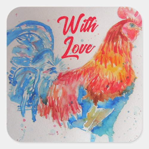 Red Rooster Watercolor Painting With Love Square Sticker