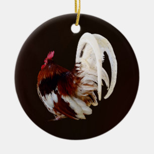 Red Rooster With White Tail Feathers Ceramic Ornament