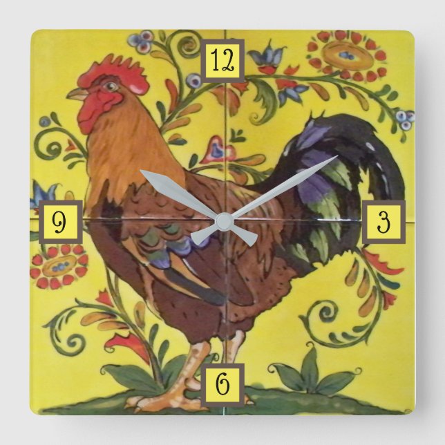 Red Rooster Yellow Chicken Folk Tile Clock Floral (Front)