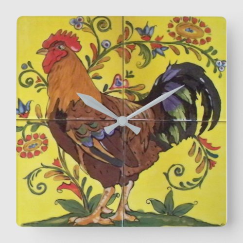 Red Rooster Yellow Chicken Folk Tile Clock Floral