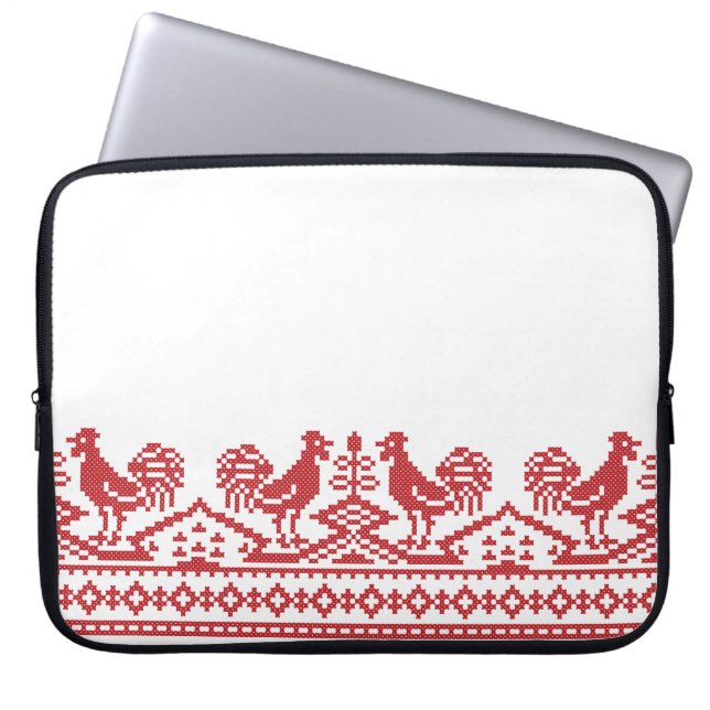 Red Roosters cross-stitch Russian Pattern Laptop Sleeve (Front)