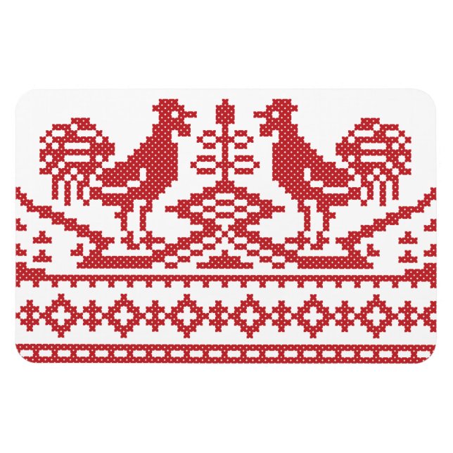 Red Roosters cross-stitch Russian Pattern Magnet (Horizontal)