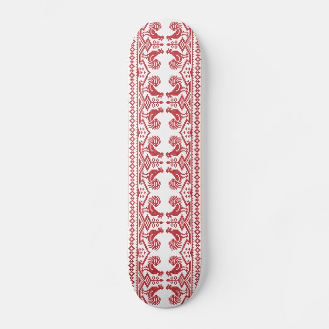 Red Roosters cross-stitch Russian Pattern Skateboard (Front)
