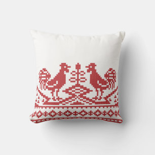 Red Roosters cross-stitch Russian Pattern Throw Pillow