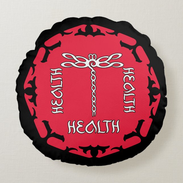 Red Root Chakra "Health" Dragonfly Design Black BG Round Pillow (Front)