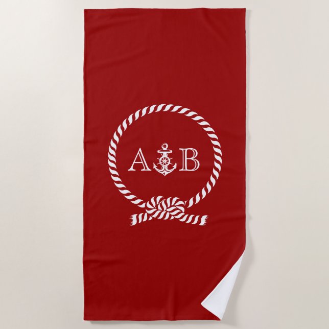 Red Rope and Anchor Monogrammed Beach Towel (Front)