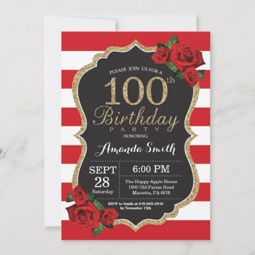 Red Rose 100th Birthday Invitation Gold Glitter