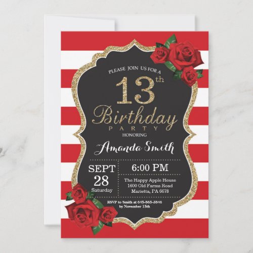 Red Rose 13th Birthday Invitation Gold Glitter