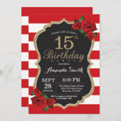 Red Rose 15th Birthday Invitation Gold Glitter (Front/Back)