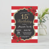 Red Rose 15th Birthday Invitation Gold Glitter (Standing Front)
