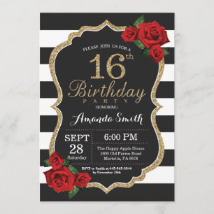 Red Rose 16th Birthday Invitation Gold Glitter