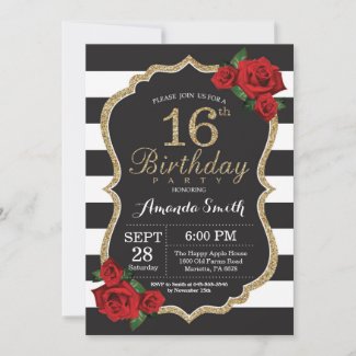 Red Rose 16th Birthday Invitation Gold Glitter