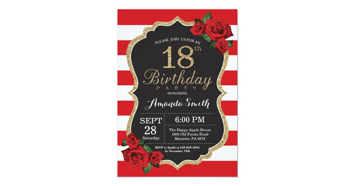 Red Rose 18th Birthday Invitation Gold Glitter