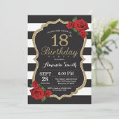 Red Rose 18th Birthday Invitation Gold Glitter (Standing Front)