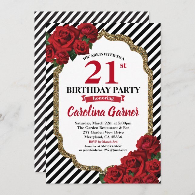 Red rose 21st birthday invitation for gold (Front/Back)