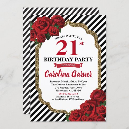 Red rose 21st birthday invitation for gold