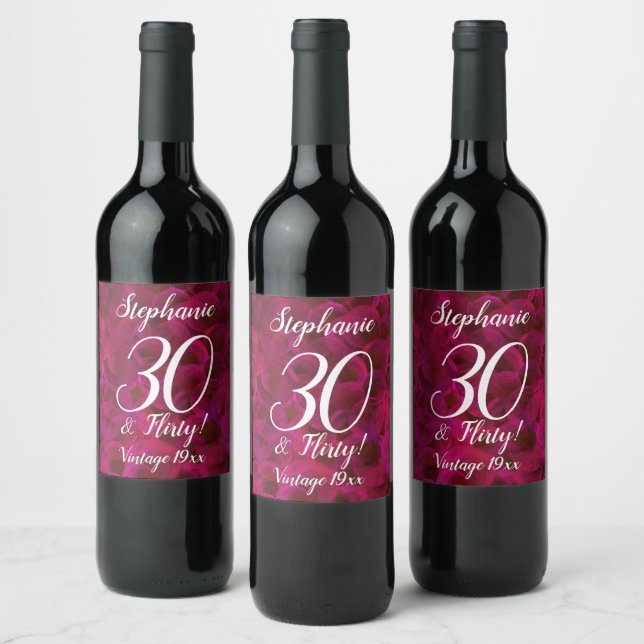 Red Rose 30 and Flirty Birthday Personalized Wine Label (Bottles)